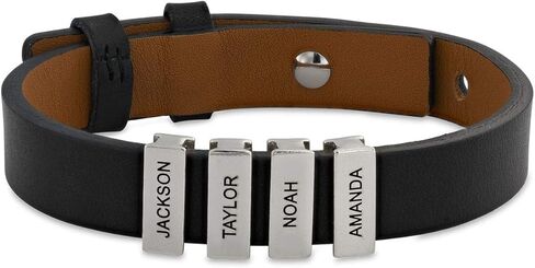 MYKA - Mens Black Leather Bracelet with Names - Inscription on Custom Silver Beads - Personalized Jewelry for Men, Husband, Dad, Brother, Grandfather - Gift for Father’s Day, Birthday, Xmas, Christmas, Summer, Valentine’s Day, Love Day in Kuwait