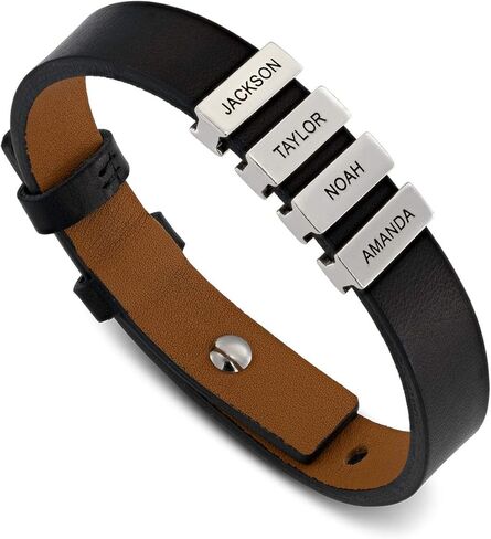MYKA - Mens Black Leather Bracelet with Names - Inscription on Custom Silver Beads - Personalized Jewelry for Men, Husband, Dad, Brother, Grandfather - Gift for Father’s Day, Birthday, Xmas, Christmas, Summer, Valentine’s Day, Love Day in Kuwait