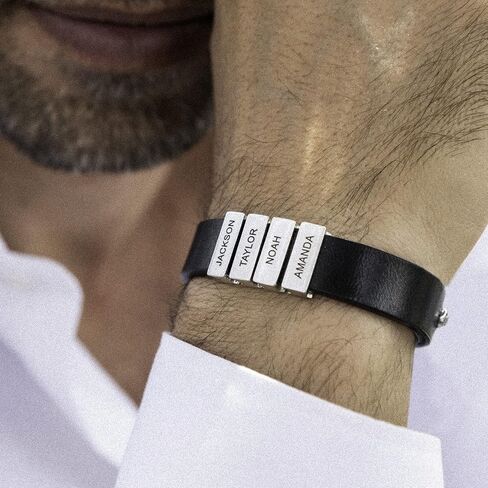 MYKA - Mens Black Leather Bracelet with Names - Inscription on Custom Silver Beads - Personalized Jewelry for Men, Husband, Dad, Brother, Grandfather - Gift for Father’s Day, Birthday, Xmas, Christmas, Summer, Valentine’s Day, Love Day in Kuwait