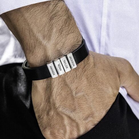 MYKA - Mens Black Leather Bracelet with Names - Inscription on Custom Silver Beads - Personalized Jewelry for Men, Husband, Dad, Brother, Grandfather - Gift for Father’s Day, Birthday, Xmas, Christmas, Summer, Valentine’s Day, Love Day in Kuwait