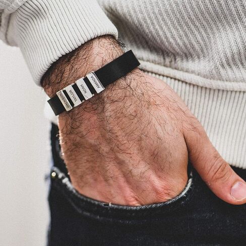 MYKA - Mens Black Leather Bracelet with Names - Inscription on Custom Silver Beads - Personalized Jewelry for Men, Husband, Dad, Brother, Grandfather - Gift for Father’s Day, Birthday, Xmas, Christmas, Summer, Valentine’s Day, Love Day in Kuwait