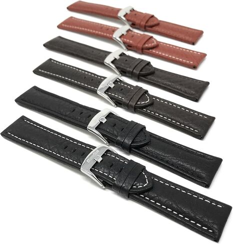 Bandini Mens XL Extra Long Leather Watch Band or Regular Strap, Classic or Buffalo Pattern - 4 Colors, With or Without Stitch - 18mm 20mm 22mm 24mm 26mm 28mm 30mm Leather Watch Band for Men in Kuwait