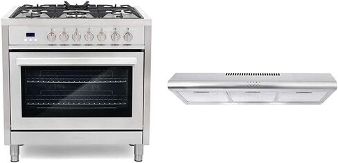 Cosmo F965 36 بوصة. نطاق غاز الوقود المزدوج مع 5 شعلات محكمة الغلق، تصميم داخلي من البورسلين الأسود من الفولاذ المقاوم للصدأ وCOS-5MU36 36 بوصة. غطاء نطاق تحت الخزانة قابل للتحويل بدون قنوات، 36 بوصة in Saudi Arabia