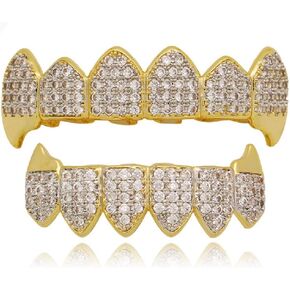 OOCC 18K Gold Plated Hip Hop Teeth Grillz Caps Iced Out CZ Top and Bottom Vampire Fangs Grillz with Diamonds for Your Teeth in Saudi Arabia