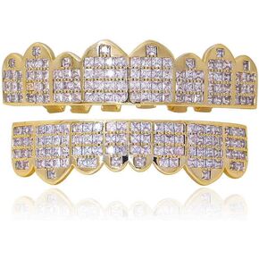 Psivika Diamond Grills Gold Plated Shiny Hip Hop Teeth Grillz Caps Iced Out CZ Top and Bottom Vampire Fangs Grillz for Men and Women in Kuwait