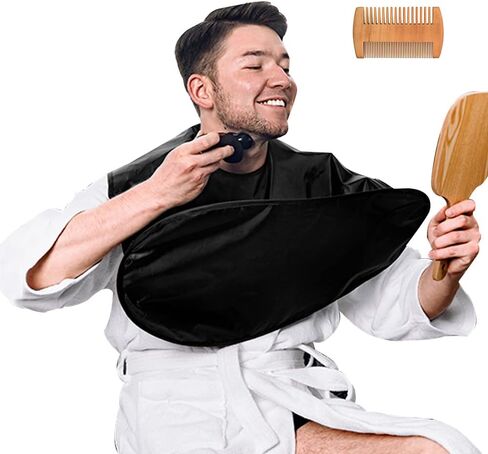 Beard Bib Beard Apron Hair Catcher for Men Shaving & Trimming Clothes, Non-Stick Beard Cape Grooming Cloth, Waterproof, Gifts for Dad Husband Includes Wooden Pocket Beard Comb,1 size Fits All (Black) in Saudi Arabia