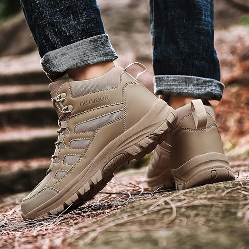 YOJANEO الرجال أحذية المشي لمسافات طويلة عدم الانزلاق في الهواء الطلق خفيفة الوزن تنفس منتصف أعلى حذاء من الجلد تنزه الرحلات مسارات التخييم أحذية عمل in Kuwait