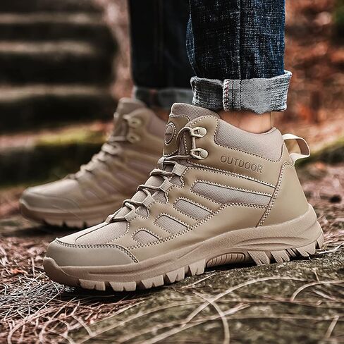 YOJANEO الرجال أحذية المشي لمسافات طويلة عدم الانزلاق في الهواء الطلق خفيفة الوزن تنفس منتصف أعلى حذاء من الجلد تنزه الرحلات مسارات التخييم أحذية عمل in Kuwait