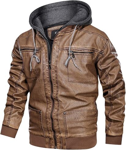 HOOD CREW Men's Warm PU Faux Leather Zip-Up Motorcycle Bomber Jacket with a Removable Hood in Saudi Arabia