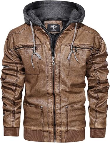 HOOD CREW Men's Warm PU Faux Leather Zip-Up Motorcycle Bomber Jacket with a Removable Hood in Saudi Arabia