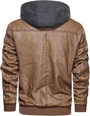 HOOD CREW Men's Warm PU Faux Leather Zip-Up Motorcycle Bomber Jacket with a Removable Hood in Saudi Arabia