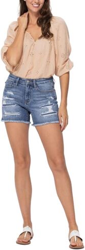 Judy Blue Denim Patch Cutoff Shorts with Side Slit in Saudi Arabia