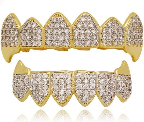 OOCC 18K مطلية بالذهب الهيب هوب الأسنان Grillz قبعات مثلج خارج تشيكوسلوفاكيا العلوي والسفلي الأنياب مصاص دماء Grillz مع الماس لأسنانك in Kuwait