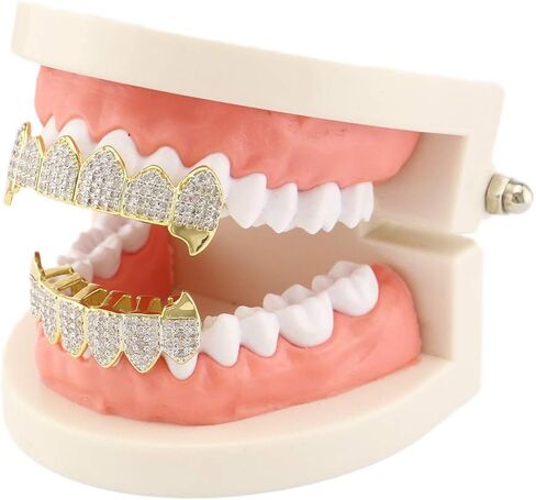 OOCC 18K مطلية بالذهب الهيب هوب الأسنان Grillz قبعات مثلج خارج تشيكوسلوفاكيا العلوي والسفلي الأنياب مصاص دماء Grillz مع الماس لأسنانك in Kuwait