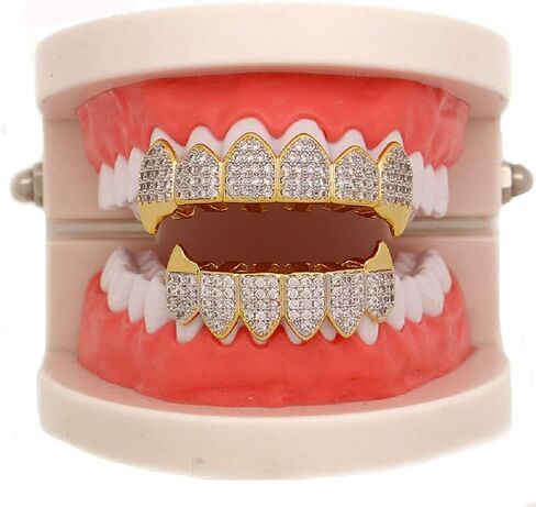 OOCC 18K مطلية بالذهب الهيب هوب الأسنان Grillz قبعات مثلج خارج تشيكوسلوفاكيا العلوي والسفلي الأنياب مصاص دماء Grillz مع الماس لأسنانك in Kuwait