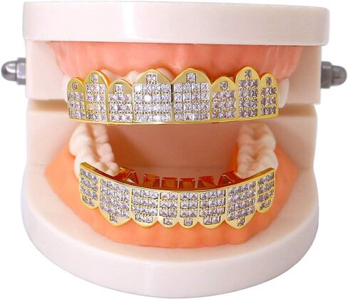 Psivika Diamond Grills Gold Plated Shiny Hip Hop Teeth Grillz Caps Iced Out CZ Top and Bottom Vampire Fangs Grillz for Men and Women in Saudi Arabia