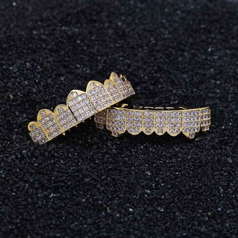 Psivika Diamond Grills Gold Plated Shiny Hip Hop Teeth Grillz Caps Iced Out CZ Top and Bottom Vampire Fangs Grillz for Men and Women in Saudi Arabia