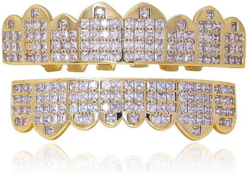 Psivika Diamond Grills Gold Plated Shiny Hip Hop Teeth Grillz Caps Iced Out CZ Top and Bottom Vampire Fangs Grillz for Men and Women in Saudi Arabia