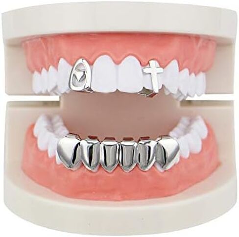 OOCC 2 Single Heart Cross Shape Top Grillz Teeth and 6 Bottom Set Grillz Hip Hop Grillz Vampire Fangs Grillz in Saudi Arabia