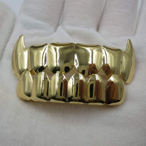 NUOBESTY Hip Hop Gold Teeth, 1 Set Shiny Gold Teeth Removable Teeth Jewels Caps Teeth Braces Fake Gold Top and Bottom Teeth|5 x 1 x 1 cm Fake Teeth in Kuwait