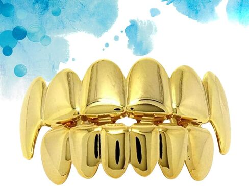 NUOBESTY Hip Hop Gold Teeth, 1 Set Shiny Gold Teeth Removable Teeth Jewels Caps Teeth Braces Fake Gold Top and Bottom Teeth|5 x 1 x 1 cm Fake Teeth in Kuwait