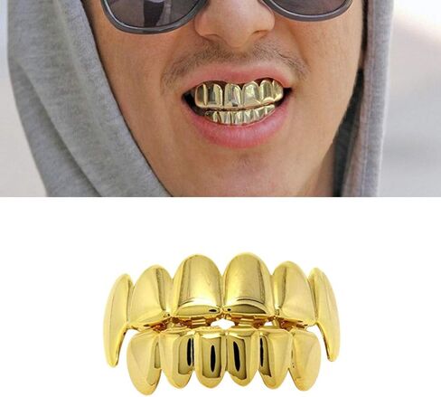NUOBESTY Hip Hop Gold Teeth, 1 Set Shiny Gold Teeth Removable Teeth Jewels Caps Teeth Braces Fake Gold Top and Bottom Teeth|5 x 1 x 1 cm Fake Teeth in Kuwait