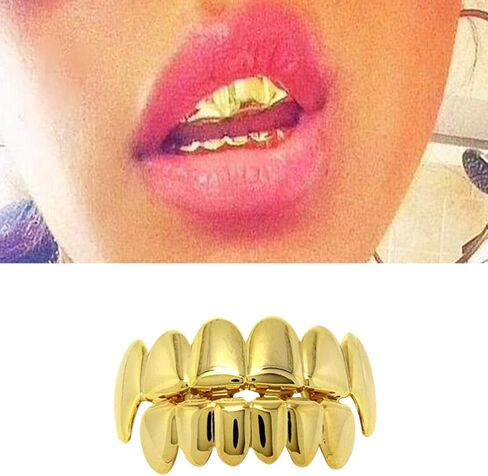 NUOBESTY Hip Hop Gold Teeth, 1 Set Shiny Gold Teeth Removable Teeth Jewels Caps Teeth Braces Fake Gold Top and Bottom Teeth|5 x 1 x 1 cm Fake Teeth in Kuwait