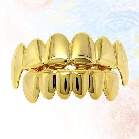 NUOBESTY Hip Hop Gold Teeth, 1 Set Shiny Gold Teeth Removable Teeth Jewels Caps Teeth Braces Fake Gold Top and Bottom Teeth|5 x 1 x 1 cm Fake Teeth in Kuwait