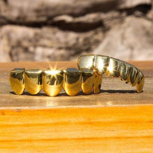 NUOBESTY Hip Hop Gold Teeth, 1 Set Shiny Gold Teeth Removable Teeth Jewels Caps Teeth Braces Fake Gold Top and Bottom Teeth|5 x 1 x 1 cm Fake Teeth in Kuwait