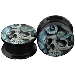 Pierced Republic Skull & Octopus Ear Gauges - Pair of Acrylic Screw-On Plugs - 8 Size Options