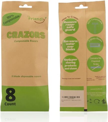 MyFriendly Crazors، شفرات حلاقة صديقة للبيئة، 3 شفرات، شفرات حلاقة للاستعمال مرة واحدة، عدد 8، شفرات حلاقة للرجال والنساء، شفرات حلاقة قابلة للتحلل، شفرات حلاقة طبيعية، شفرات حلاقة عضوية، شفرات حلاقة صديقة للبيئة in Saudi Arabia