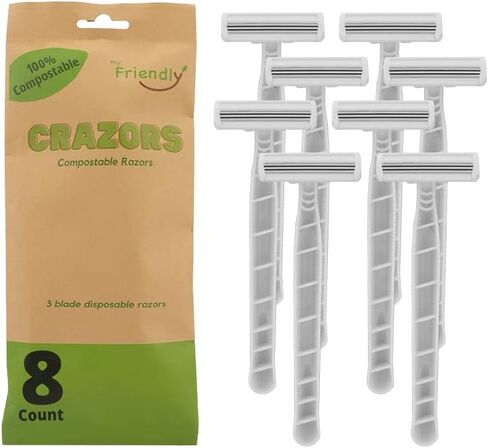 MyFriendly Crazors، شفرات حلاقة صديقة للبيئة، 3 شفرات، شفرات حلاقة للاستعمال مرة واحدة، عدد 8، شفرات حلاقة للرجال والنساء، شفرات حلاقة قابلة للتحلل، شفرات حلاقة طبيعية، شفرات حلاقة عضوية، شفرات حلاقة صديقة للبيئة in Saudi Arabia