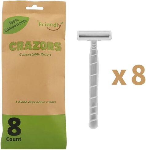 MyFriendly Crazors، شفرات حلاقة صديقة للبيئة، 3 شفرات، شفرات حلاقة للاستعمال مرة واحدة، عدد 8، شفرات حلاقة للرجال والنساء، شفرات حلاقة قابلة للتحلل، شفرات حلاقة طبيعية، شفرات حلاقة عضوية، شفرات حلاقة صديقة للبيئة in Saudi Arabia