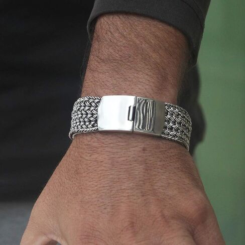 Silver Net - 925 Sterling Silver Braided Wide Men Bracelet – Size 7.5 to 10 inches in Kuwait