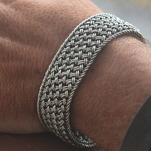 Silver Net - 925 Sterling Silver Braided Wide Men Bracelet – Size 7.5 to 10 inches in Kuwait