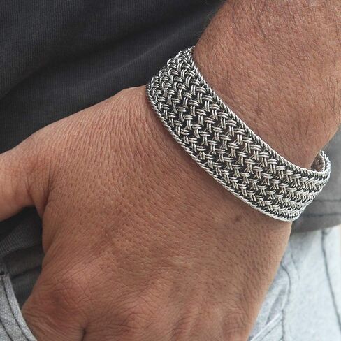 Silver Net - 925 Sterling Silver Braided Wide Men Bracelet – Size 7.5 to 10 inches in Kuwait