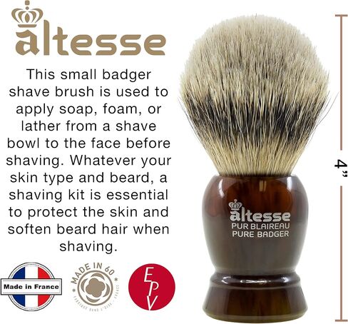Altesse 75108 European Grey Badger Shaving Brush for Shave Cream, Shaving Soap, Shaving Cream Foam and Lather for Wet Shave With Shaving Razor, Safety Razor, and Straight Razor. Made in France in Saudi Arabia