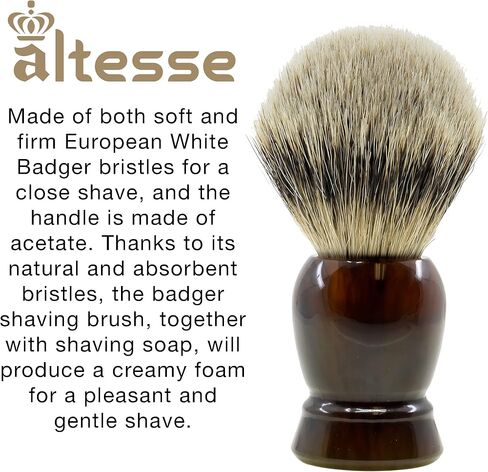Altesse 75108 European Grey Badger Shaving Brush for Shave Cream, Shaving Soap, Shaving Cream Foam and Lather for Wet Shave With Shaving Razor, Safety Razor, and Straight Razor. Made in France in Saudi Arabia