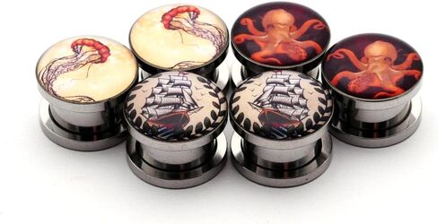 Set of 3 pairs Screw on Picture Plugs - Set #3 - (Octopus, Jellyfish, Pirate Ship) - All 3 pairs included in Kuwait