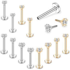 BodyAce 12pcs Surgical Steel Forward Helix Tragus Cartilage Earring Studs, 16g Push-in Lip Rings, CZ Labret Monroe Medusa Piercing Jewelry for Women Men