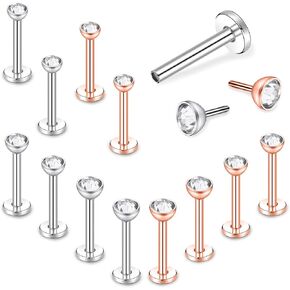 BodyAce 12pcs Surgical Steel Forward Helix Tragus Cartilage Earring Studs, 16g Push-in Lip Rings, CZ Labret Monroe Medusa Piercing Jewelry for Women Men
