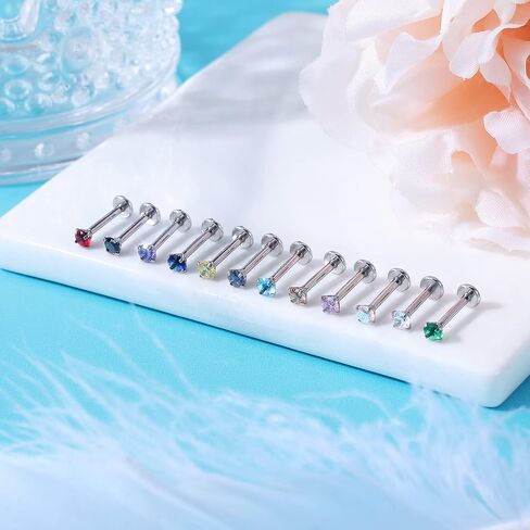 ZS 16G Stainless Steel Pushin Lip Rings, Colorful CZ Forward Helix Earring, Length 6/8/10mm Labret Monroe Medusa Piercing Jewelry for Women Men in Kuwait
