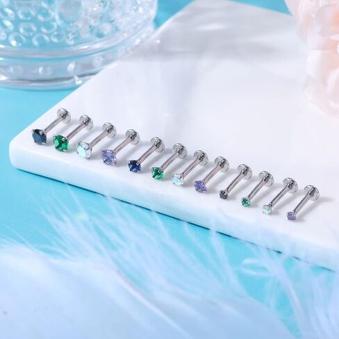 ZS 16G Stainless Steel Pushin Lip Rings, Colorful CZ Forward Helix Earring, Length 6/8/10mm Labret Monroe Medusa Piercing Jewelry for Women Men in Kuwait