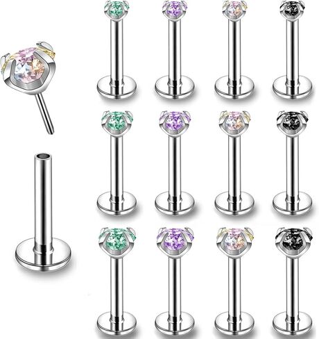 ZS 16G Stainless Steel Pushin Lip Rings, Colorful CZ Forward Helix Earring, Length 6/8/10mm Labret Monroe Medusa Piercing Jewelry for Women Men in Kuwait