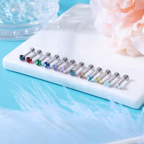 ZS 16G Stainless Steel Pushin Lip Rings, Colorful CZ Forward Helix Earring, Length 6/8/10mm Labret Monroe Medusa Piercing Jewelry for Women Men in Kuwait