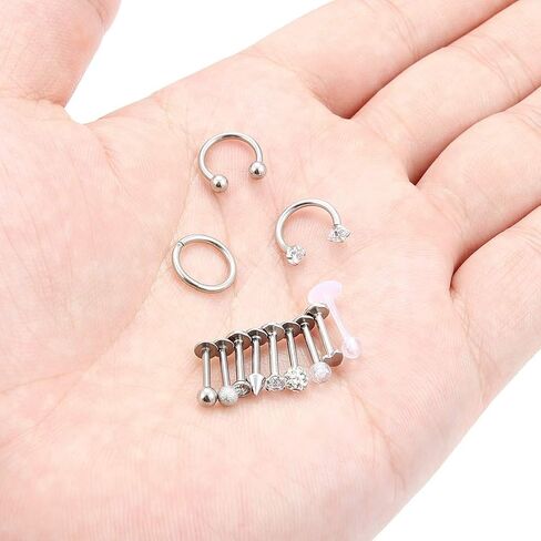 Lcolyoli Tragus Earrings 16G Surgical Steel & Diamond CZ Cartilage Hoop Rings Labret Monroe Medusa Lip Ring Retainer Rook Helix Earring Stud Barbell Piercing Jewelry for Women Men Girls 8mm in Saudi Arabia