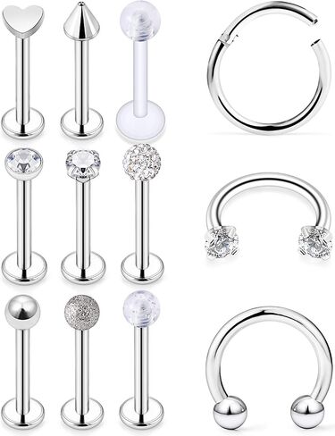 Lcolyoli Tragus Earrings 16G Surgical Steel & Diamond CZ Cartilage Hoop Rings Labret Monroe Medusa Lip Ring Retainer Rook Helix Earring Stud Barbell Piercing Jewelry for Women Men Girls 8mm in Saudi Arabia