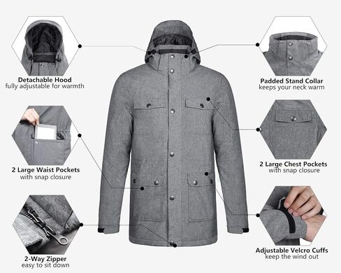 Outdoor Ventures Men's Winter Waterproof Utility Cargo Jacket with 5 Pockets Ski Jacket Snow Coat with Detachable Hood in Saudi Arabia