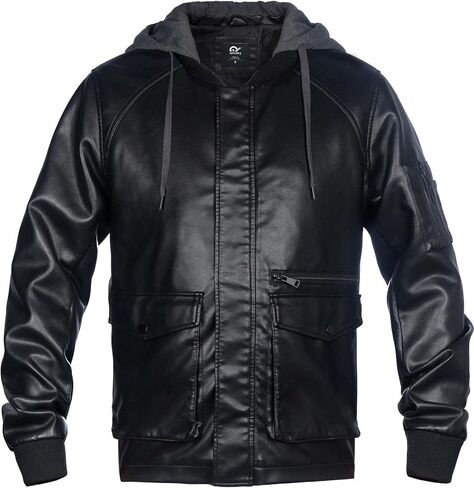 Mens Faux Leather Jacket, Padded Windbreaker, Motorcycle Biker Bomber Coat with Hood in Saudi Arabia