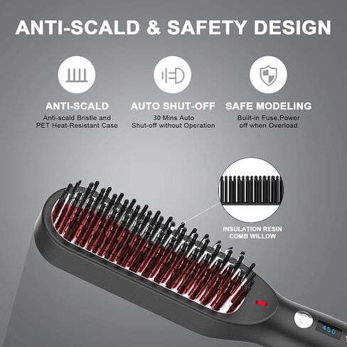 فرشاة تمليس الشعر للنساء، أداة تمليس اللحية للرجال، فرشاة تمليس الشعر مع 5 إعدادات لدرجة الحرارة، فرشاة فرد الشعر سريعة التسخين لمدة 30 ثانية، مشط كهربائي أيوني ساخن مضاد للحرق، آمن للإيقاف التلقائي in Kuwait